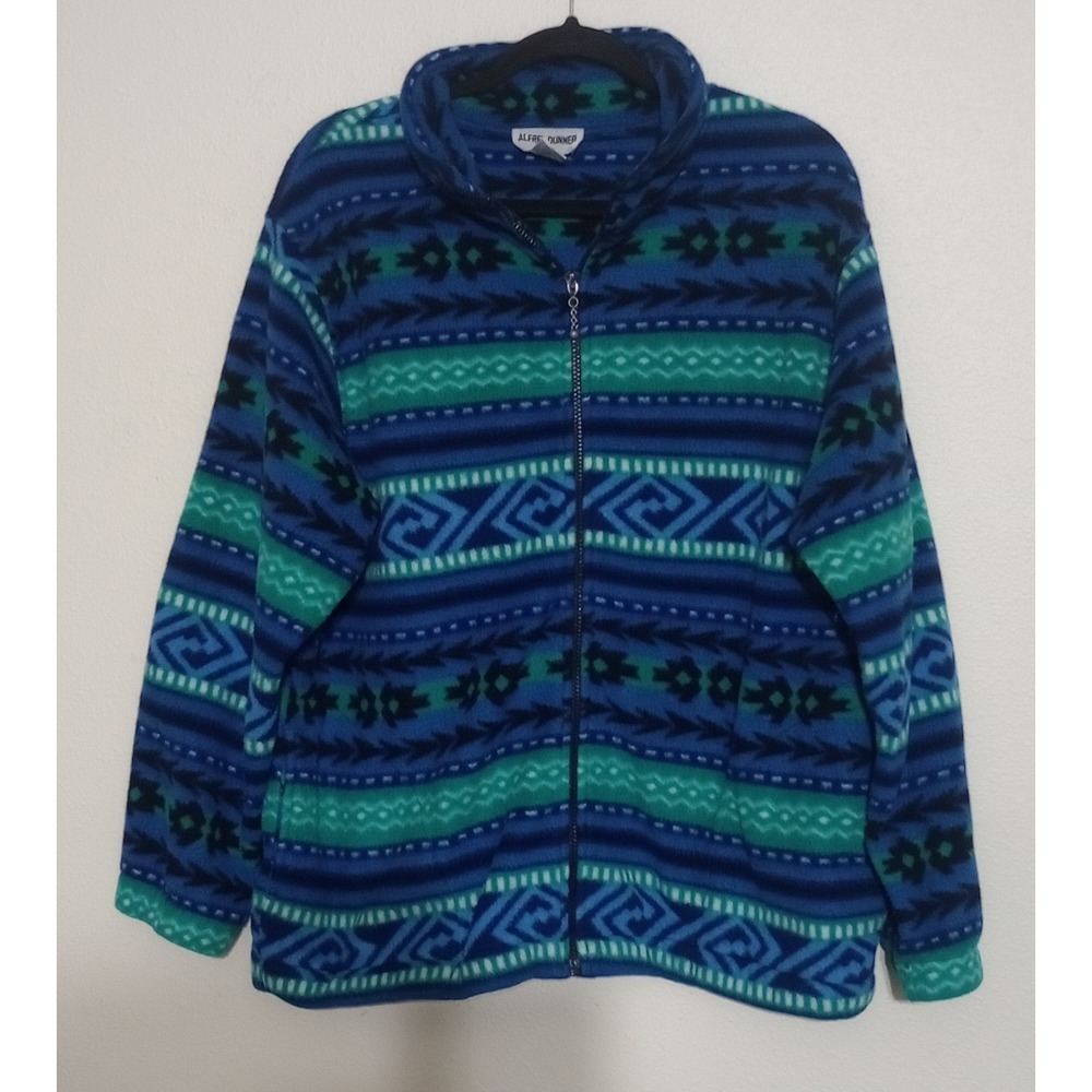 Alfred Dunner Fleece Jacket Women 1X Blue Green Southwestern Full Zip Mock Neck
